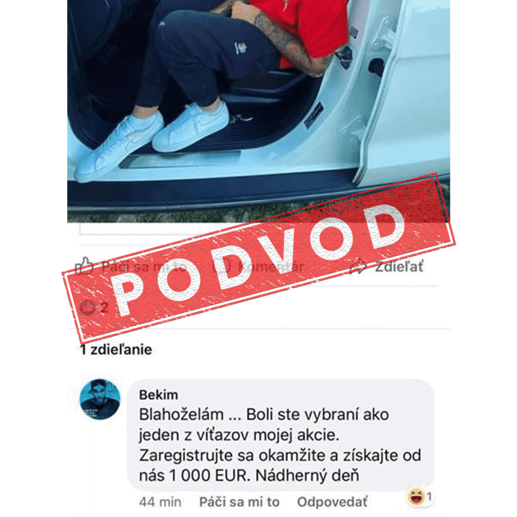 Muž v červenej košeli a čiernych nohaviciach sedí v aute s otvorenými dverami. Nad obrázkom je veľká červená pečiatka s nápisom "PODVOD". Komentár pod ním používa falošné profily, falošne tvrdí, že ste vyhrali 1 000 EUR, a vyzýva vás, aby ste sa zaregistrovali.