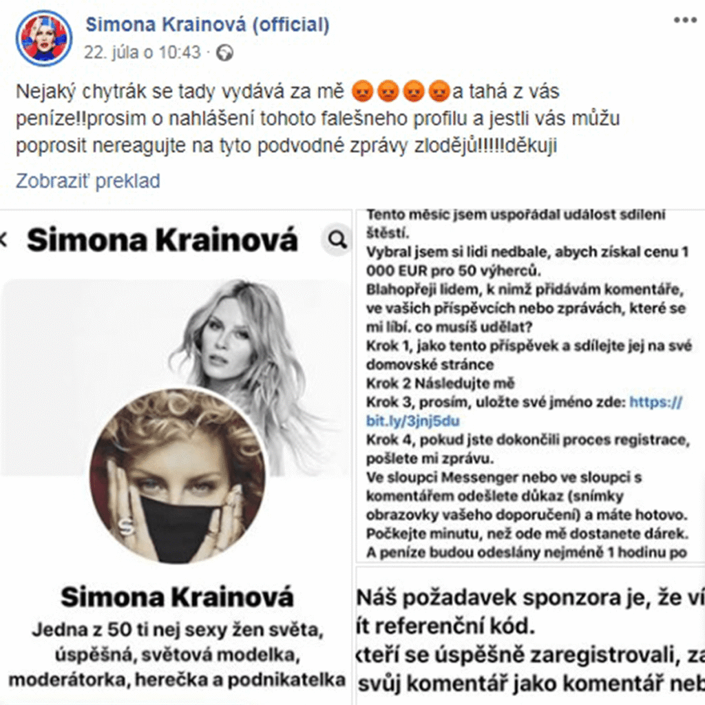 Screenshot príspevku Simony Krainovej na Facebooku, v ktorom varuje pred falošnými profilmi, ktoré používajú jej fotografie a meno. V príspevku sú zobrazené obrázky falošného profilu a podvodná správa týkajúca sa sponzorstva a registrácie.