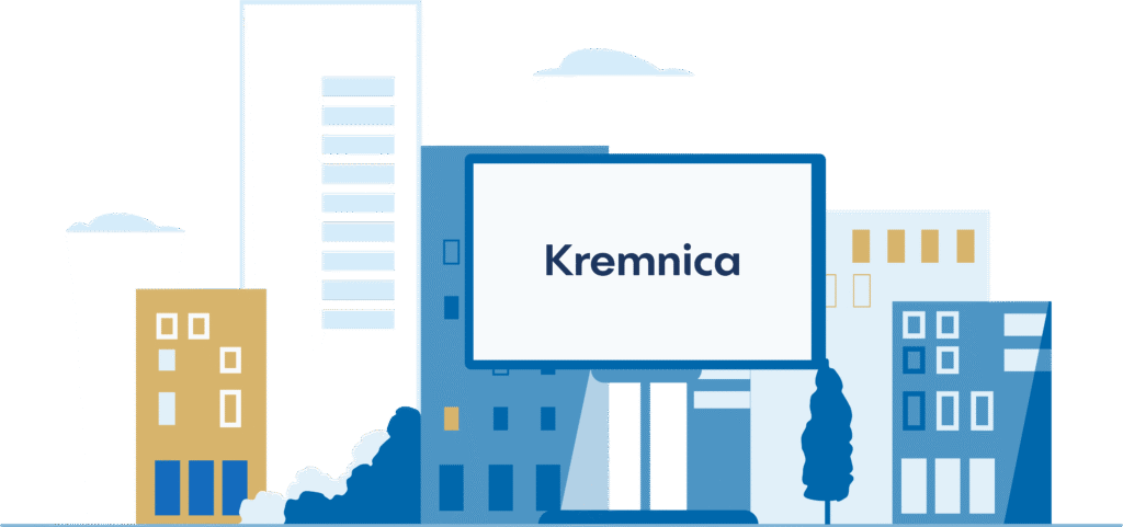 Digitálna ilustrácia mestskej krajiny s budovami v modrých a žltých tónoch. Na veľkom billboarde v strede je zobrazený nápis Kremnica. V pozadí sú viditeľné stromy a oblaky.