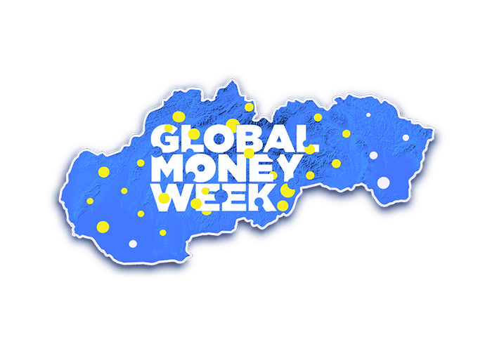 Modrá silueta mapy krajiny so žltými a bielymi bodkami, s tučným bielym textom GLOBAL MONEY WEEK cez mapu.