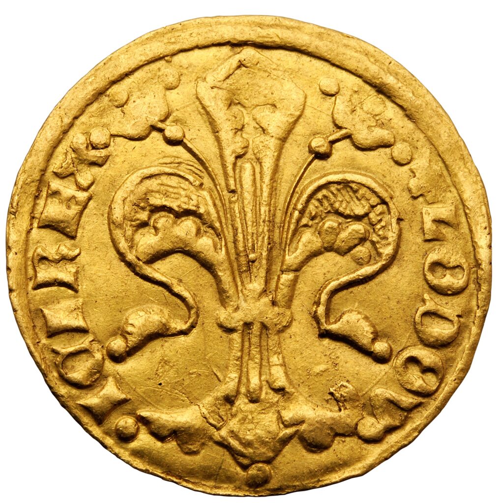 Zlatá minca s detailným vzorom fleur-de-lis v strede, ktorý je na okraji obklopený nápisom. Starnúci, štruktúrovaný povrch naznačuje bohatú História kremnickej mincovne, ktorá sa skrýva za týmto pozoruhodným kúskom.
