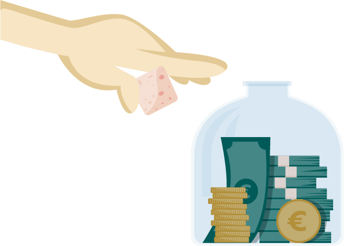 Ilustrácia ruky, ktorá púšťa gumu do nádoby plnej eurobankoviek, mincí a hromádok peňazí, čo symbolizuje šetrenie alebo vymazanie finančných chýb prostredníctvom odloženia splátok.