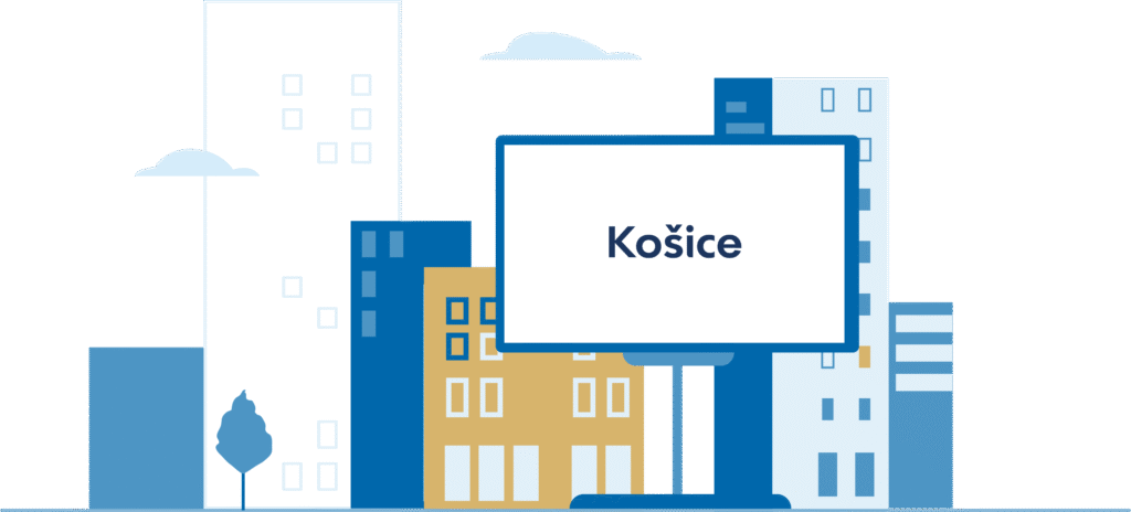 Ilustrácia mestskej krajiny s rôznymi modrými a žltými budovami. V strede je veľký billboard s nápisom Košice. V pozadí sú stromy a oblaky.