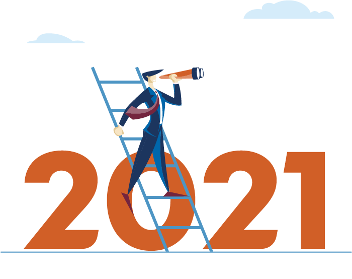 Ilustrácia osoby v obleku, ktorá stúpa po rebríku, stojí na čísle 2021 a pozerá sa cez ďalekohľad s mrakmi v pozadí, čo symbolizuje, ako sa starať o svoje peniaze - Ako sa starať o peniaze - a zároveň sa usilovať o budúci úspech.