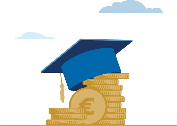 Modrá maturitná čiapka leží na vrchu naskladaných zlatých mincí, z ktorých niektoré majú symbol eura, a na pozadí je svetlomodrá obloha a oblaky.