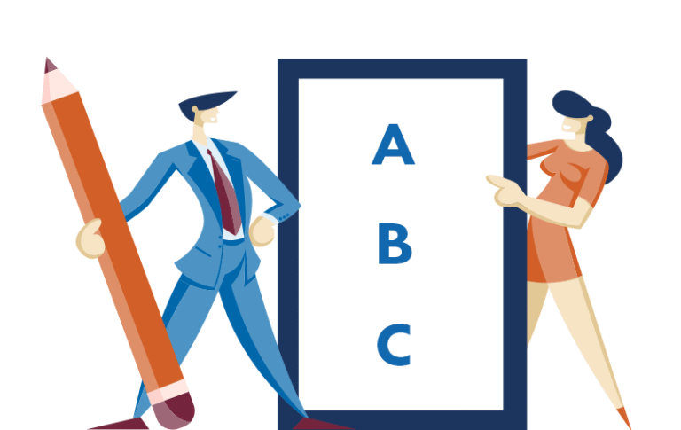 Ilustrácia muža v obleku, ktorý drží veľkú ceruzku, a ženy v šatách, ktorá ukazuje na obrovskú obrazovku zobrazujúcu vertikálne písmená A, B a C.