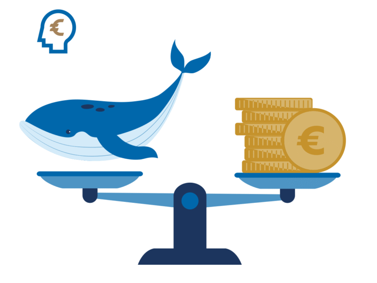 Modrá veľryba na jednej strane váhy a hromady euromincí na druhej strane. V rohu sa objavuje znak eura v hlave človeka, ktorý symbolizuje porovnávanie hodnôt alebo finančné rozhodovanie.
