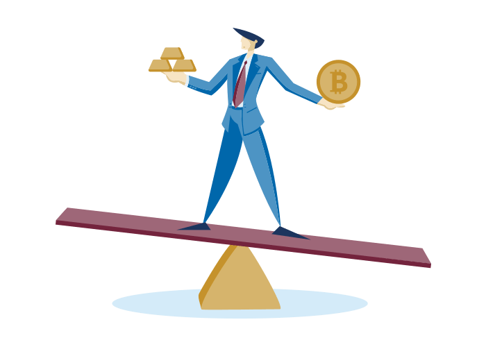 Ilustrácia osoby v obleku stojacej na hojdačke, ktorá v jednej ruke balansuje na zlatých prútoch a v druhej na minci so symbolom Bitcoinu, čo predstavuje porovnanie zlata a kryptomeny.