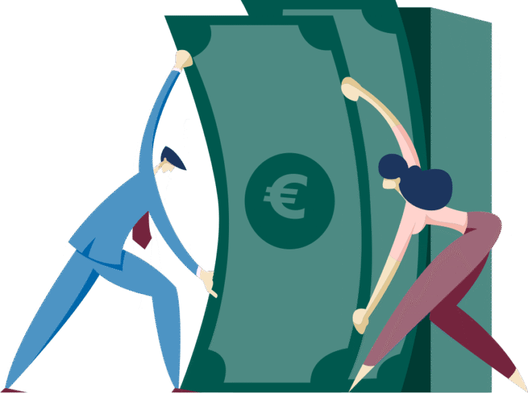 Ilustrácia muža a ženy, ktorí tlačia veľký balík eurobankoviek z opačných strán, čo symbolizuje tímovú prácu alebo boj s financiami.