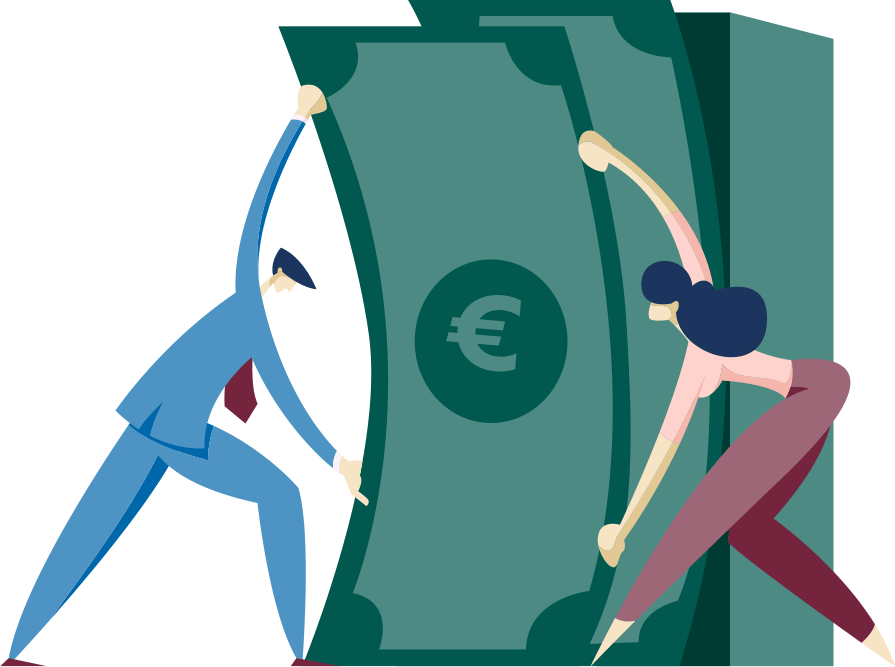 Ilustrácia muža a ženy, ktorí tlačia veľký balík eurobankoviek z opačných strán, čo symbolizuje tímovú prácu alebo boj s financiami.