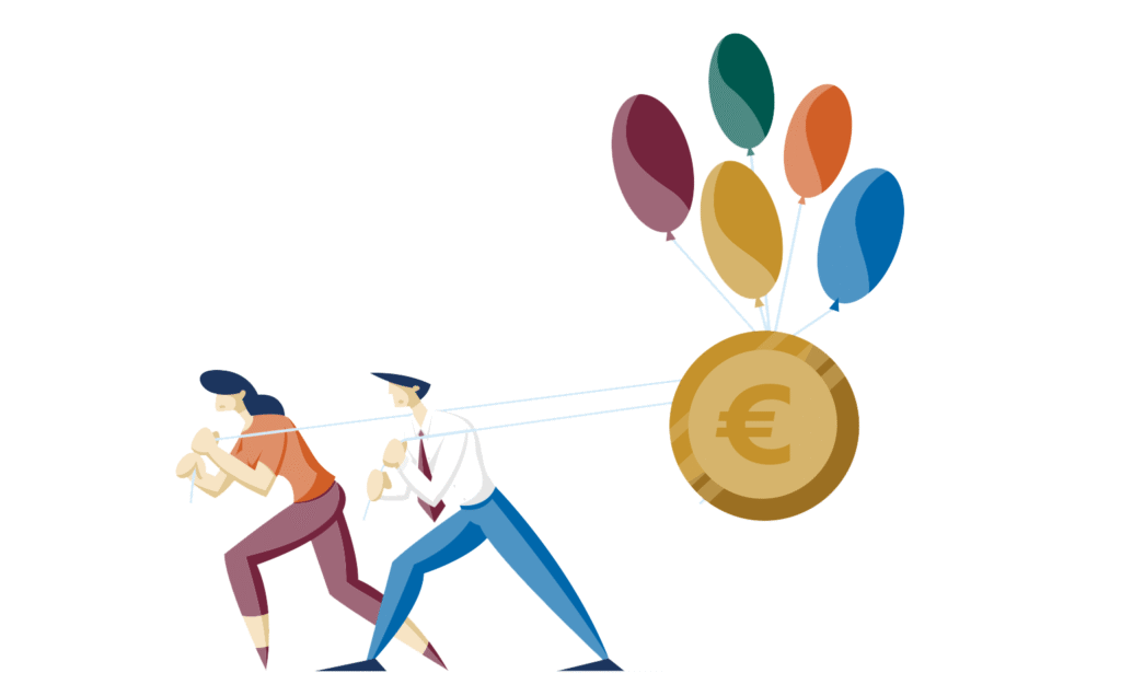 Ilustrácia dvoch ľudí, ktorí ťahajú veľkú mincu so symbolom eura, ktorú dvíhajú farebné balóny symbolizujúce boj a hospodársku infláciu alebo finančnú záťaž.