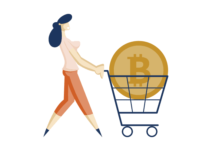 Ilustrácia ženy tlačiacej nákupný vozík s veľkým zlatým symbolom Bitcoinu vo vnútri, ktorý predstavuje nakupovanie v kryptomenách alebo transakcie v digitálnej mene.