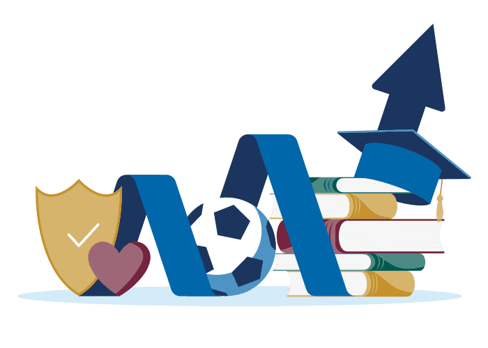 Ilustrácia znázorňujúca štít, srdce, stuhu tvoriacu oblúk, futbalovú loptu, hromadu kníh, maturitnú čiapku a šípku smerujúcu nahor, symbolizujúcu vzdelanie, zdravie, ochranu, šport a študijné úspechy.