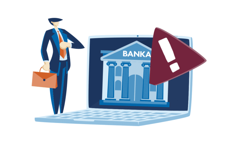Ilustrácia osoby v obleku s kufríkom stojacej vedľa notebooku, na ktorého obrazovke sa zobrazuje budova banky s varovným symbolom výkričníka nad bankou.
