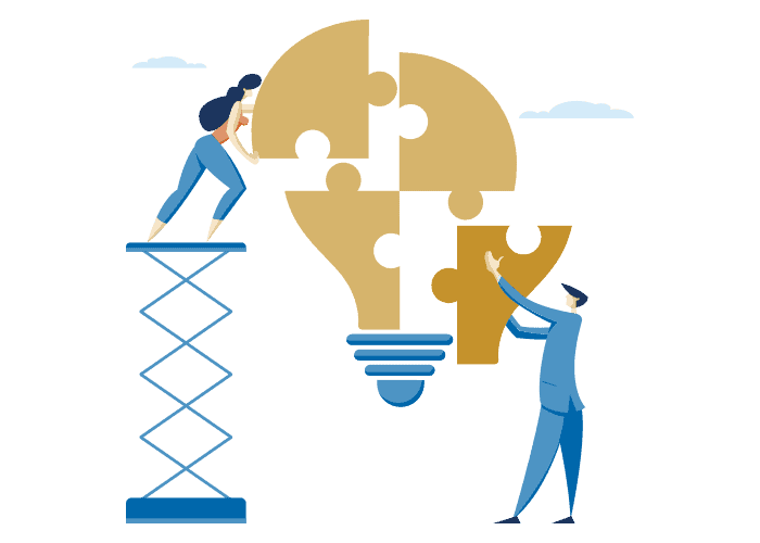 Ilustrácia dvoch ľudí, ktorí skladajú veľké diely puzzle a vytvárajú žiarovku, symbolizujúcu tímovú prácu a spoluprácu pri riešení problémov. Jedna osoba stojí na výťahu, zatiaľ čo druhá podáva kúsok skladačky.