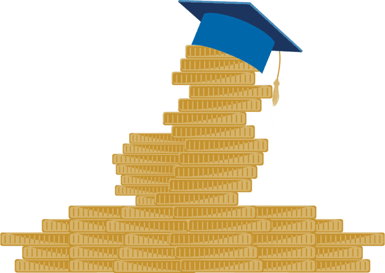 Hromada zlatých mincí s modrou maturitnou čiapkou, ktorá symbolizuje pojem študentského dlhu alebo nákladov na vzdelanie.