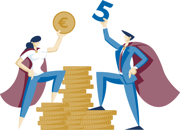 Ilustrácia dvoch ľudí v plášťoch stojacich na hromade mincí. Jeden z nich drží veľkú euromincu a druhý modré číslo 5, ktoré symbolizuje finančné úspechy alebo tímovú prácu pri dosahovaní finančných cieľov.