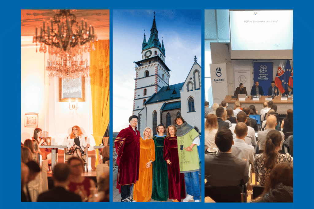 Koláž s tromi fotografiami: ľudia na slávnostnom podujatí pod lustrom, skupina vo farebných rúchach pred historickým kostolom a konferencia s rečníkmi a účastníkmi, ktorí stoja pred prezentačnou obrazovkou.