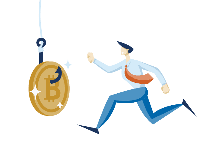 Ilustrácia muža v obchodnom oblečení, ktorý beží k lesklej zlatej minci Bitcoin zavesenej na háčiku, symbolizujúcej honbu za kryptomenou alebo jej vábenie.