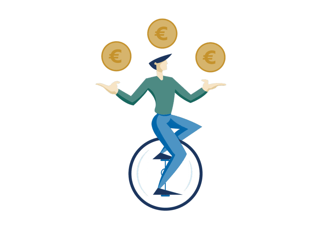 Ilustrácia osoby jazdiacej na jednokolke a žonglujúcej s tromi mincami so symbolmi eura, ktoré predstavujú multitasking alebo finančnú rovnováhu.