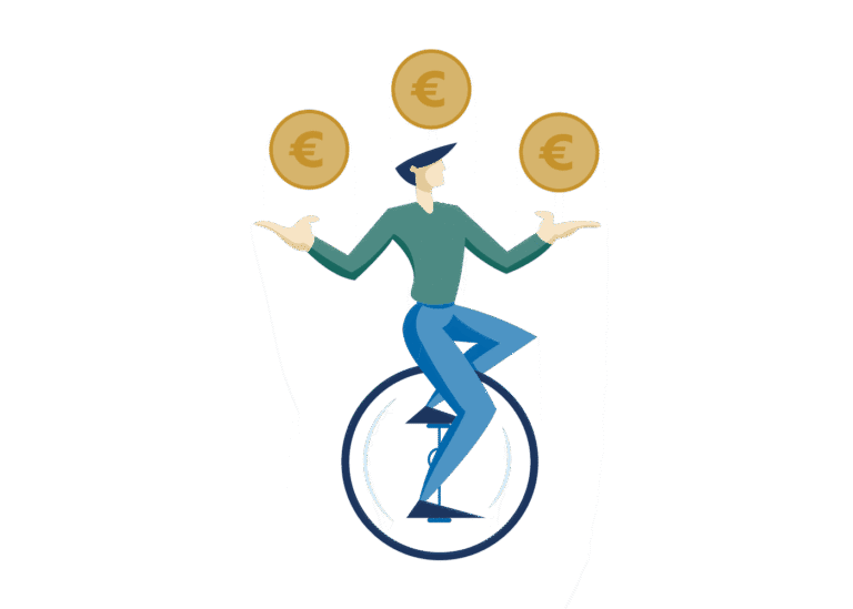 Ilustrácia osoby jazdiacej na jednokolke a žonglujúcej s tromi mincami so symbolmi eura, ktoré predstavujú multitasking alebo finančnú rovnováhu.