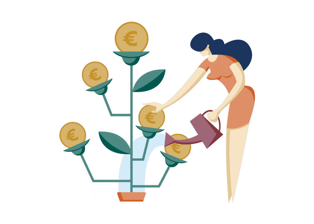 Ilustrácia ženy zalievajúcej rastlinu, na ktorej konároch rastú euromince, čo symbolizuje finančný rast alebo investície.