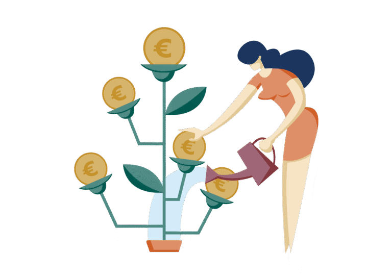 Ilustrácia ženy zalievajúcej rastlinu, na ktorej konároch rastú euromince, čo symbolizuje finančný rast alebo investície.