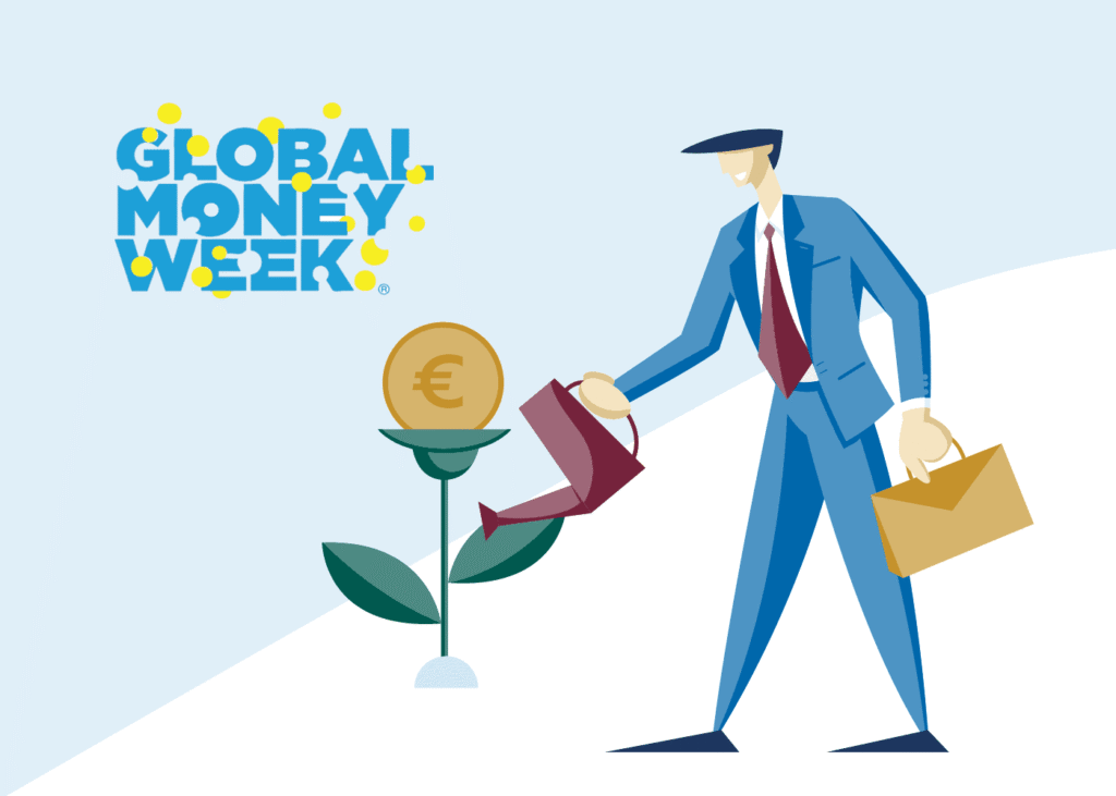 Muž v modrom obleku polieva rastlinu s mincou označenou € ako kvet. V ruke drží kufrík a vedľa neho je žltými bodkami napísané Global Money Week.