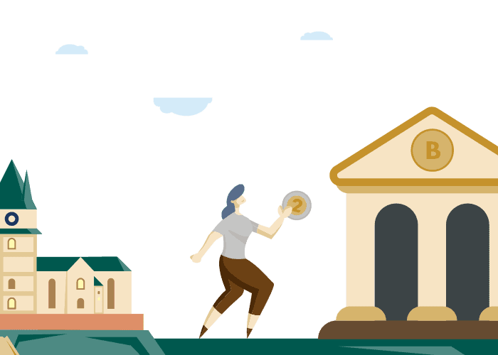 Ilustrácia osoby držiacej mincu, ktorá kráča k budove banky so symbolom B, v pozadí je ďalšia budova. Scéna naznačuje vkladanie peňazí alebo finančnú činnosť.