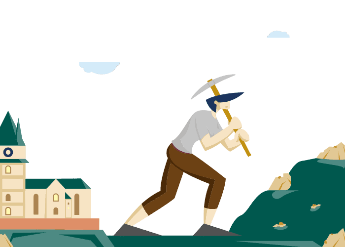 Ilustrácia osoby s krompáčom v ruke, ako ťaží na skalnatom kopci, s budovou pripomínajúcou kostol alebo školu v pozadí a s oblakmi na oblohe.