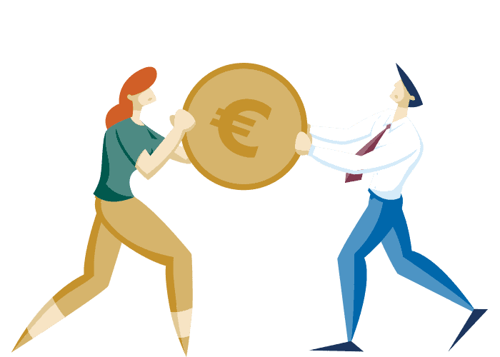 Ilustrácia ženy a muža ťahajúcich za opačné strany veľkej mince so symbolom eura, ktorá symbolizuje finančný alebo hospodársky boj.
