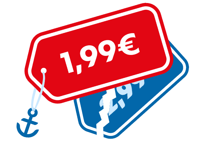 Červená cenovka s cenou 1,99 € prekrýva a láme modrú cenovku s viditeľnou čiastočnou cenou. K značkám je pripojená ikona kotvy.