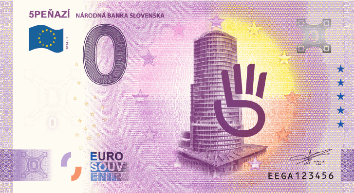 Farebná slovenská eurobankovka s modernou okrúhlou budovou, veľkým fialovým symbolom ruky OK, vlajkou EÚ a textom NÁRODNÁ BANKA SLOVENSKA a EURO SOUVENIR.