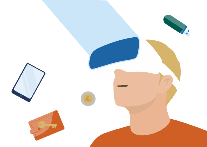 Ilustrácia osoby s náhlavnou súpravou pre virtuálnu realitu, obklopenej vznášajúcimi sa predmetmi ako smartfón, peňaženka, minca a USB disk, ktoré symbolizujú digitálne zážitky pre Svetový deň kreativity a inovácií.