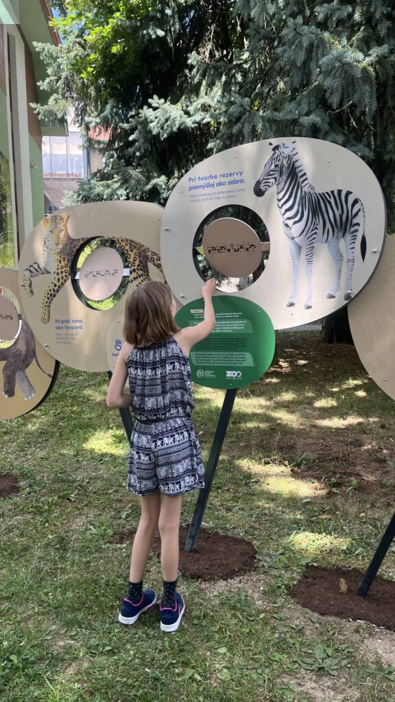 Mladé dievča vo vzorovaných šatách stojí vonku a ukazuje na náučnú výstavu v zoologickej záhrade s obrázkami a informáciami o gepardovi a zebre. V pozadí sú viditeľné stromy a tráva.