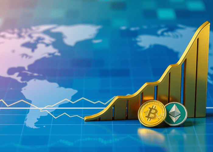 Zlatý vzostupný stĺpcový graf s mincami Bitcoin a Ethereum pred ním na pozadí digitálnej mapy sveta, ktorý symbolizuje rastúce hodnoty kryptomien.