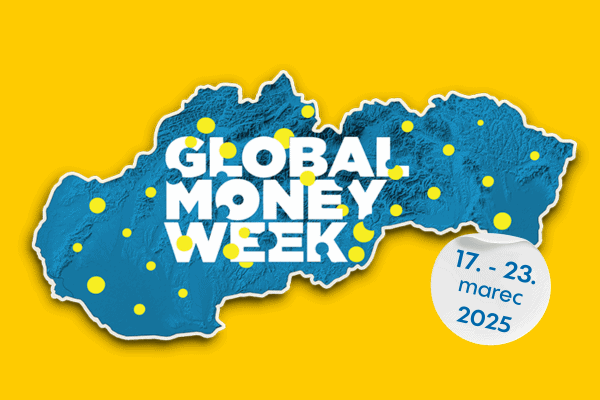 Modrá mapa so žltými bodkami a textom Global Money Week. V bielom kruhu sú vyznačené dátumy 17. - 23. marca 2025 na jasne žltom pozadí.