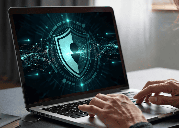 Osoba píše na notebooku, na ktorom je zobrazená ikona digitálneho štítu s bezpečnými čiarami a sieťovými pripojeniami, čo symbolizuje kybernetickú bezpečnosť alebo ochranu údajov.
