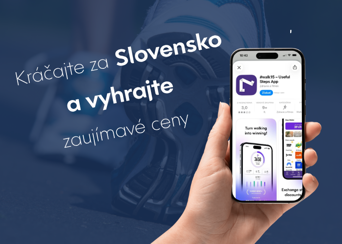 Ruka drží smartfón so zobrazenou aplikáciou na sledovanie krokov Pwail15. V pozadí je detailný záber na tenisku. Slovenský text hovorí: "Kráčajte za Slovensko a vyhrajte zaujímavé ceny".