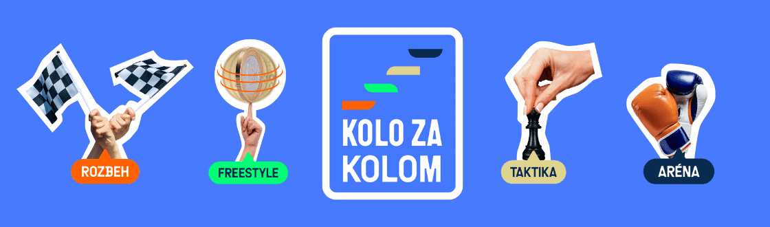 4 kolá Peňažného štvorboja - ruka so štartovacími vlajkami, ruka rotujúca mincu ako basketbalku, ruka držiaca šachovú figúrku a dve boxerské rukavice. 