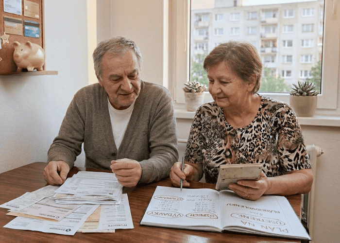 Starší muž a žena sedia pri stole s účtami a papiermi a diskutujú o financiách. Žena píše do zošita s nápisom PLAN NA LISTOPAD 2022, zatiaľ čo muž si prezerá dokumenty. Na parapete okna sú rastliny v kvetináčoch.