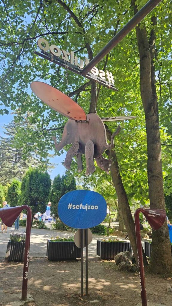 Socha lietajúceho slona so surfovými doskami visí na tabuli pri vchode do zoologickej záhrady medzi zelenými stromami, v pozadí sa prechádzajú ľudia. Na tabuli je bielymi písmenami na modrom pozadí nápis #sefuzoo.
